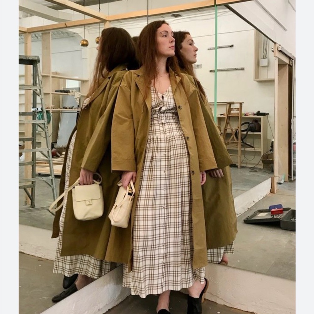 A-Line Plaid Midi Skirt in Cream and Brown Plaid